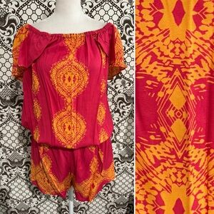 🆕 HALE BOB✨ ANTHRO tropical ikat boho romper off shoulder shorts coverup